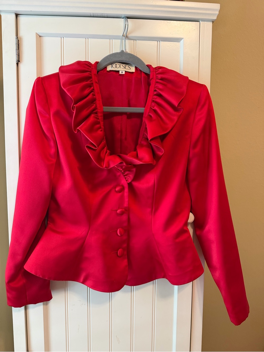 Vintage Tootsies Red Satin Ruffle Peplum Blazer Jacket Size 6 USA